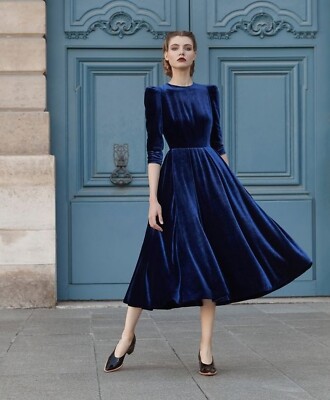 Modern Women Blue Velvet Midi Dress Fit & Flare Style Evening Party Wear Dress | eBay Modern Women Blue Velvet Midi Dress Fit & Flare Style Evening Party Wear Dress | eBay