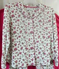 -KAREN NEUBURGER PAJAMAS IVORY PINK ROSES COLLAR BUTTON FRONT & LONG PANTS PM