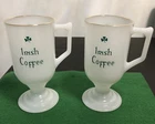 Vintage  Milk Glass Irish Coffee Mugs Pedestal Shamrock St Pat’s Gold Rim Lot 2