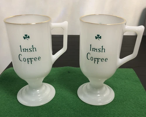 Vintage  Milk Glass Irish Coffee Mugs Pedestal Shamrock St Pat’s Gold Rim Lot 2