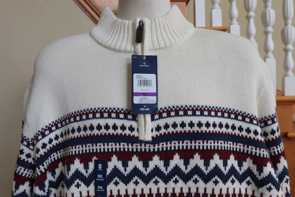 NUEVO $65 Izod Fair Isle Tejido 1/4 Cremallera Suéter Pullover Vacaciones Esquí Para hombres XXL 2X Foto 4 de 4