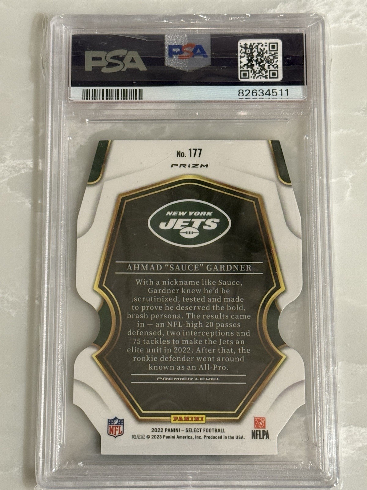 2022 Panini Select #177 Sauce Ahmad Gardner Zebra Die Cut Prizm PSA 10 Gem Mint view 2