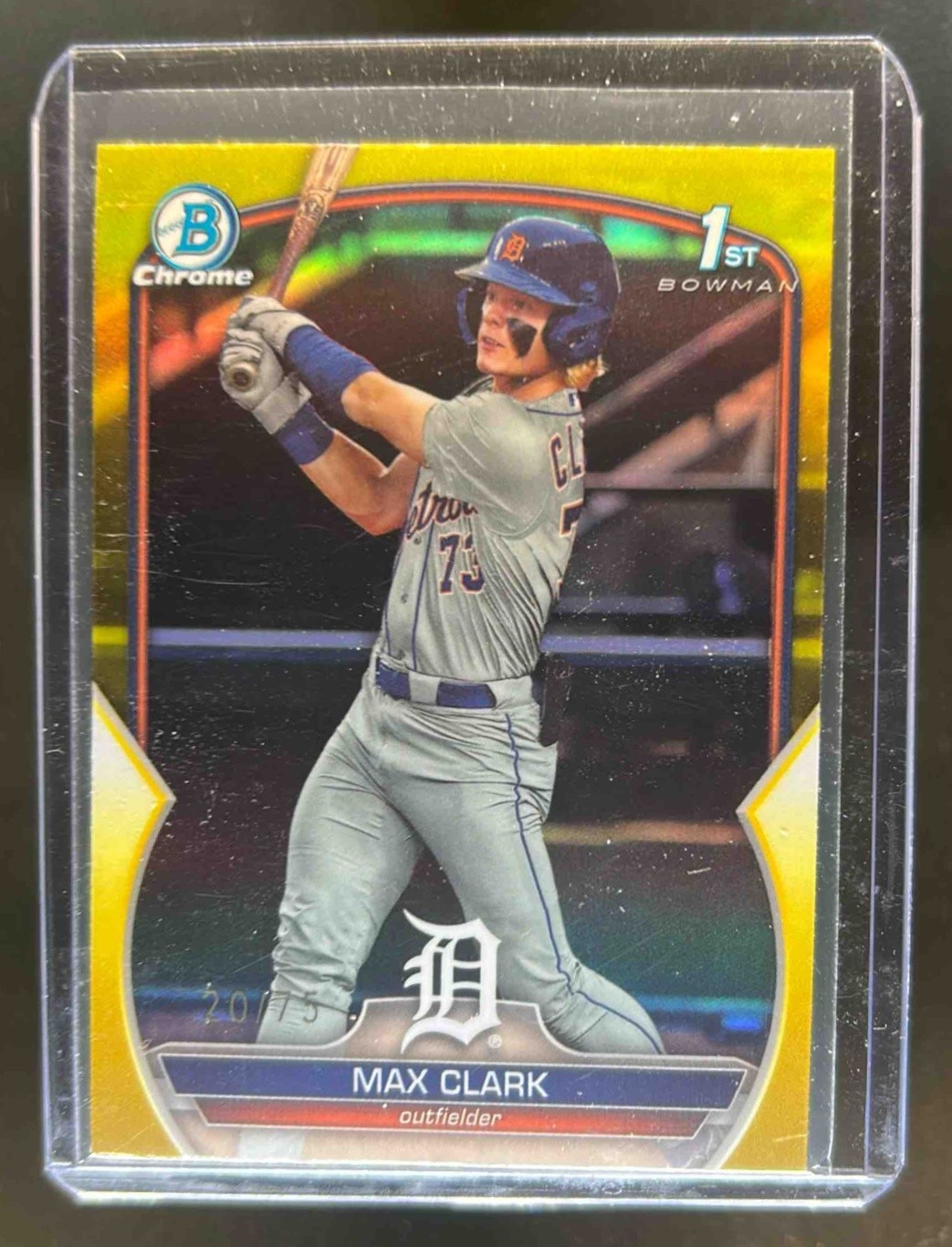 2023 Bowman Draft Max Clark Chrome Yellow Refractor 1st Prospect #/75 Tigers