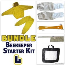 Adult Large Bee Keeper Starter Kit Bundle - Bee Suit, Gloves, Hive Tool & Brush
