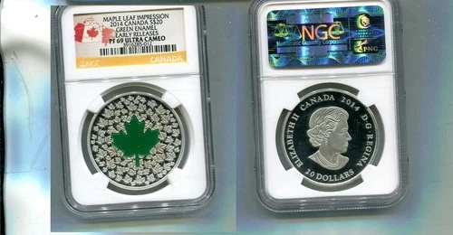 2014 CANADA MAPLELEAF GREEN ENAMEL 1 OUNCE .999 FINE COIN NGC PF69 5018T