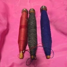 3 Vintage Wood Bobbins Spool Wooden Textile  W/ Thread 9"