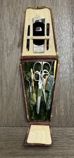 ANTIQUE LEATHER CASED RANDOM SET OF VINTAGE SEWING SCISSORS AND GROOMING TOOLS