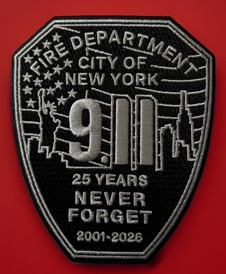 FDNY 911 Memorial 25 Year Memorial  Patch In Silver Lettering ''NEVER FORGET''