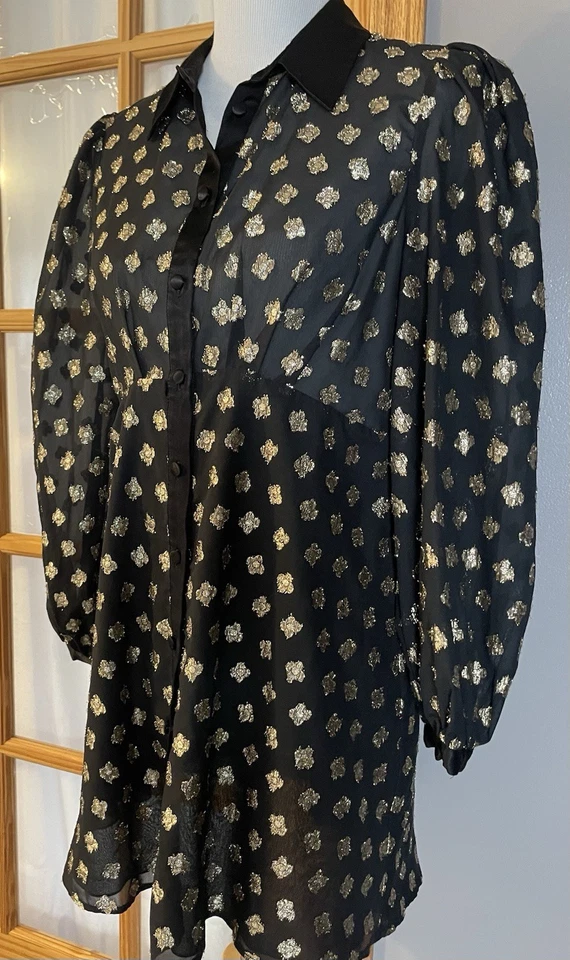 Blusa Zara Transparente Peplum Talla L Negra Metálica Dorada L Con Botones Carrera Gótica Foto 2 de 4