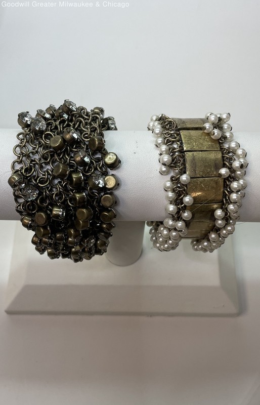 J Crew Gold Tone Rhinestone & Faux Pearl Chain Statement Bracelets 130.4g