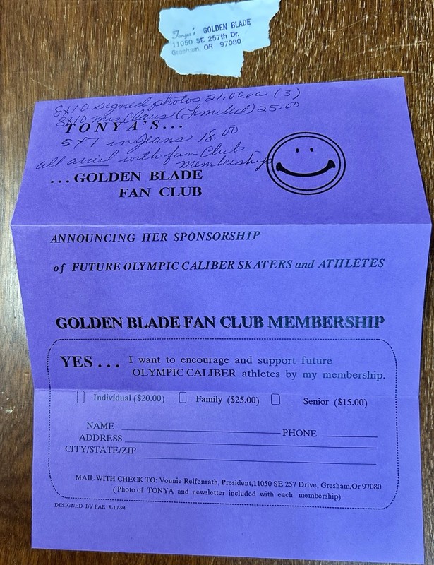 Tanya Harding Golden Blade Fan Club Application Olympic Skater Nancy Kerrigan