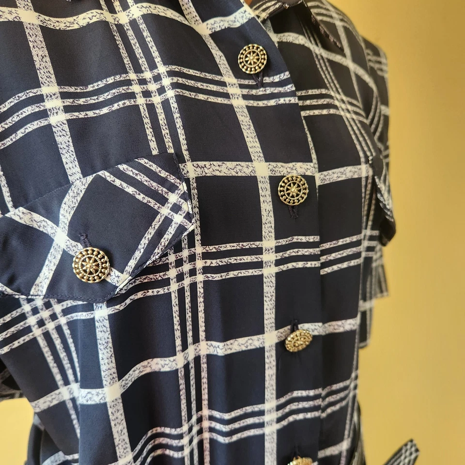 Vestido camisa azul marinho anos 90 Leslie Fay tamanho 18 náutico plissado xadrez com cinto - Imagem 2 de 4