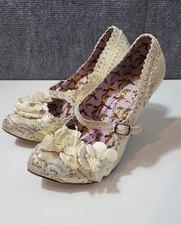 Ladies IRREGULAR CHOICE Cortesan Floral Bar Court Shoe Off Wite & Gold