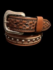 Western Belt Hand Tooled Leather Men's American Belts Rivet Studs Handtooled