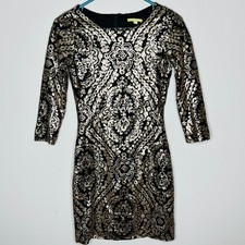 Gianni Bini Sequin Party Dress XS Black Gold 3/4 Sleeve Mini Cocktail Bodycon