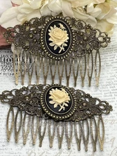 Pair of Bronze Barrette Jewelry Hair Comb Cameo Black Rose Victorian New Wedding