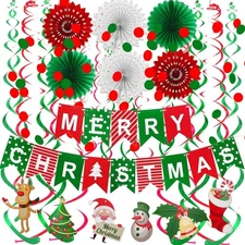 FECEDY Merry Christmas Banner Paper Fan Flower Circle Confetti Dots Hanging... 
