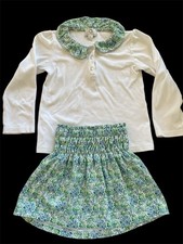 The Proper Peony EUC White/Pink/Blue Floral Collar Top Shirred Skirt-6Yrs