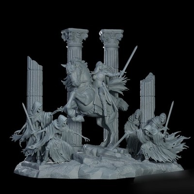 Ca. 54 mm...1/32...Fantasy Diorama Set...1 Warriors Frau Und 5 Skeleton...