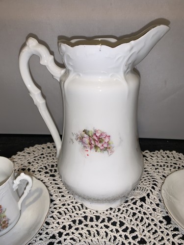 Pitcher Tea Pot Flowers Victorian Two Cups Saucers Unmarked No Lid - Picture 7 of 8