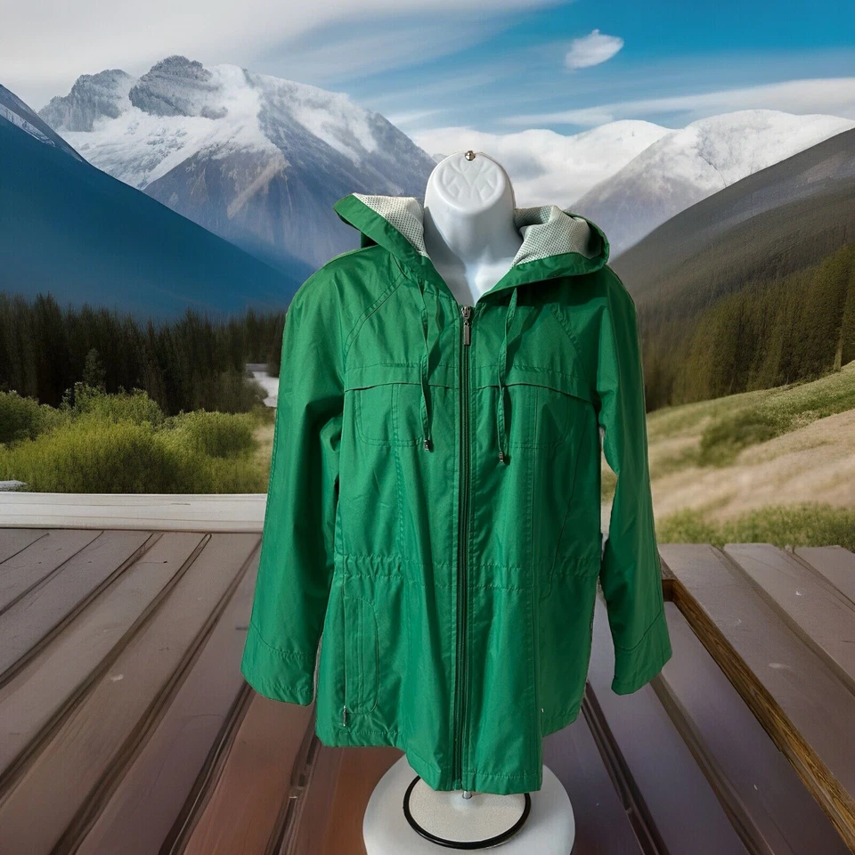 Raincoat Fleet Street LTD Hooded Women Size Petite Medium Green Full Zip RN5041 - Image 2 of 4