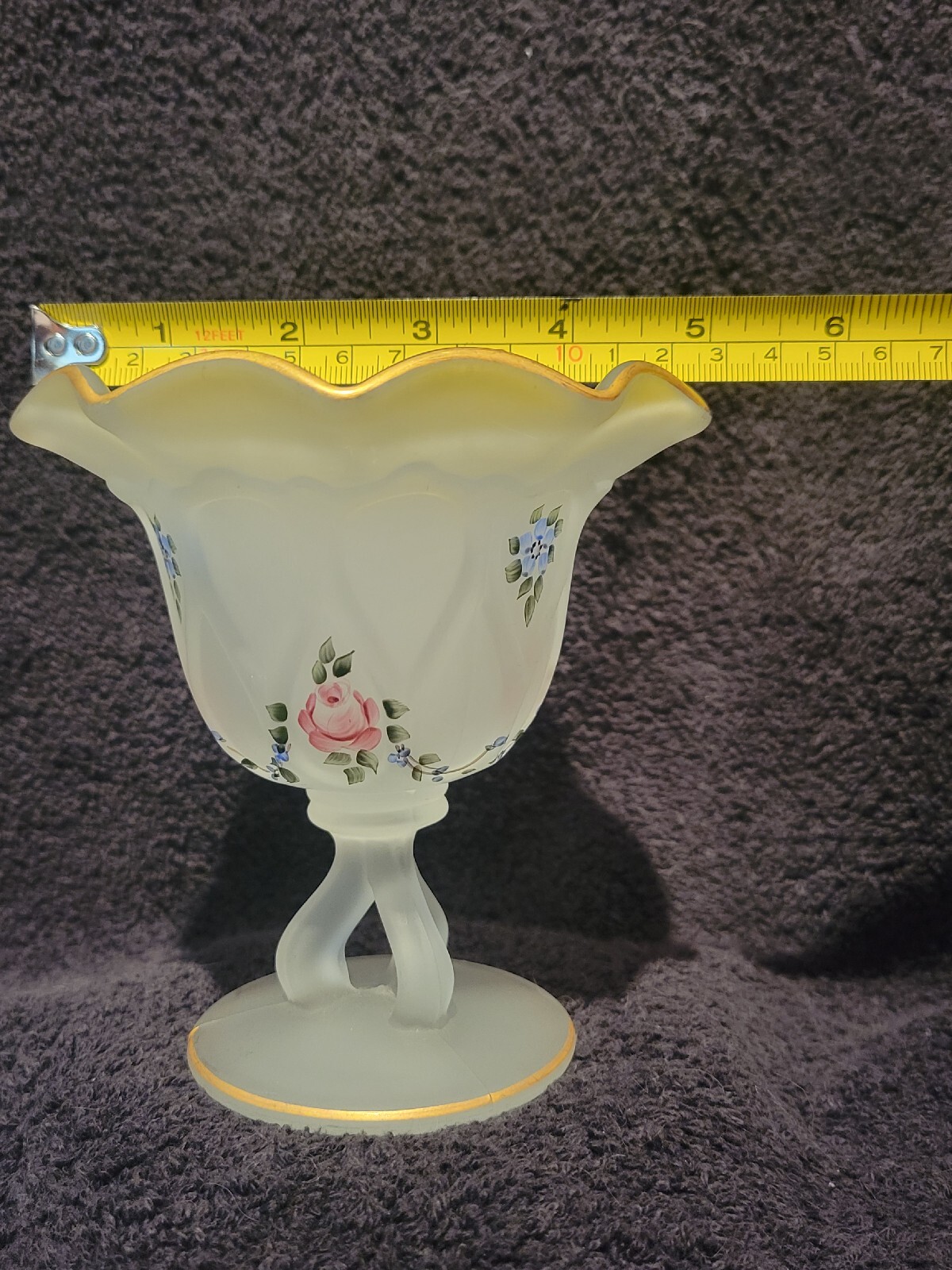 Westmoreland White Frosted Glass Pedestal Candy Dish Hand Painted Flowers