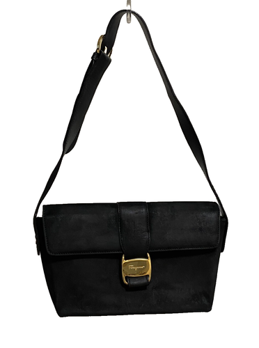 Salvatore Ferragamo Suede Shoulder Bag Black Gold Vara Bow Flap Vintage Purse