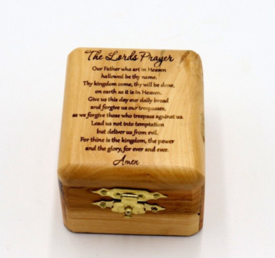Olive Wood Box the  Lord Prayer Our Father Hand Made Carved Jerusalem Holy Land