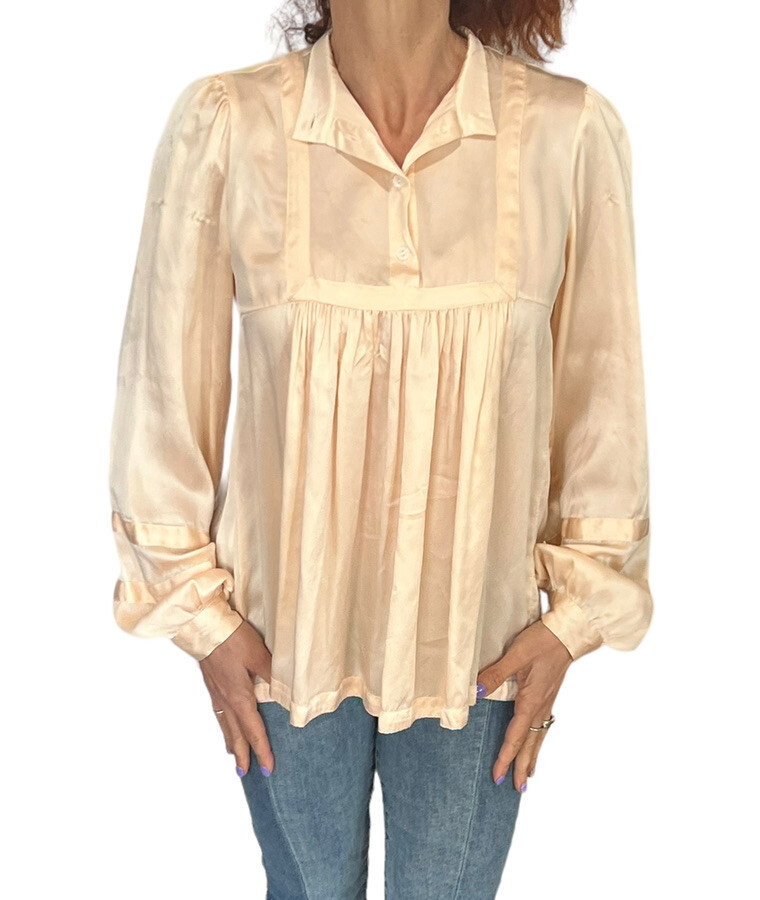 SEE BY CHLOE ITALY PEACH SATIN SILK BABYDOLL LONG SLEEVE  PLEATED BLOUSE SZ 8