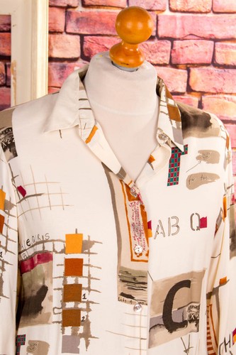 Vintage Original 90er Blusa Camisa Beige Colorido Patrón Trublouse Viscosa M - Imagen 2 de 7