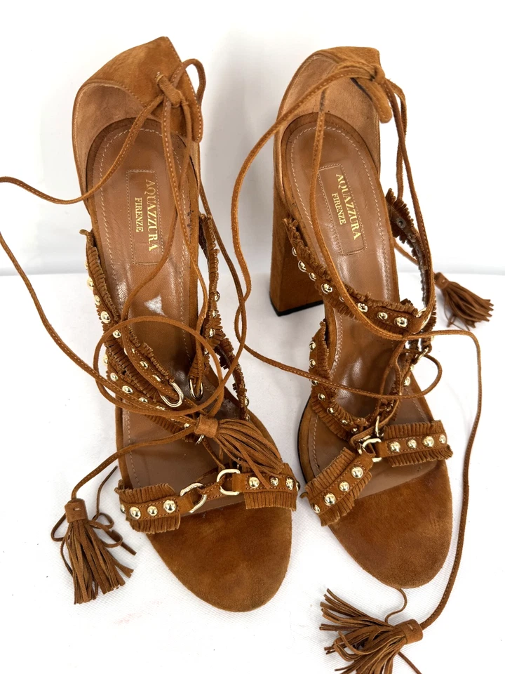 Aquazzura Marrón Gamuza Flecos Tachuelas Tobillo Envoltura Borlas Zapatos Tacones Sandalias Talla 10 Foto 2 de 4