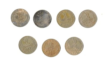 7 pièces de monnaie de 2 centimes : 1899, 1901, 1902, 1903, 1914, 1916, 1920, - Photo 1/2