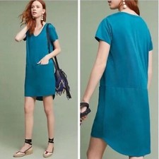 Anthropologie Dolan Loren Shift Dress Sz M Teal Mixed Media Pockets W/Flaw