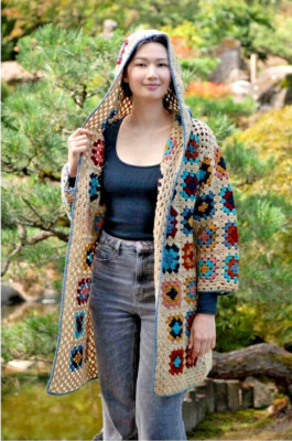 Häkelanleitung Kopie Damen Granny Square Kapuze lange DK Strickjacke 32 - 54'' 967J