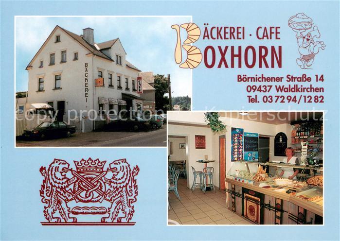 73658858 Waldkirchen Erzgebirge Baeckerei Cafe Boxhorn Verkaufstheke Wappen Wald