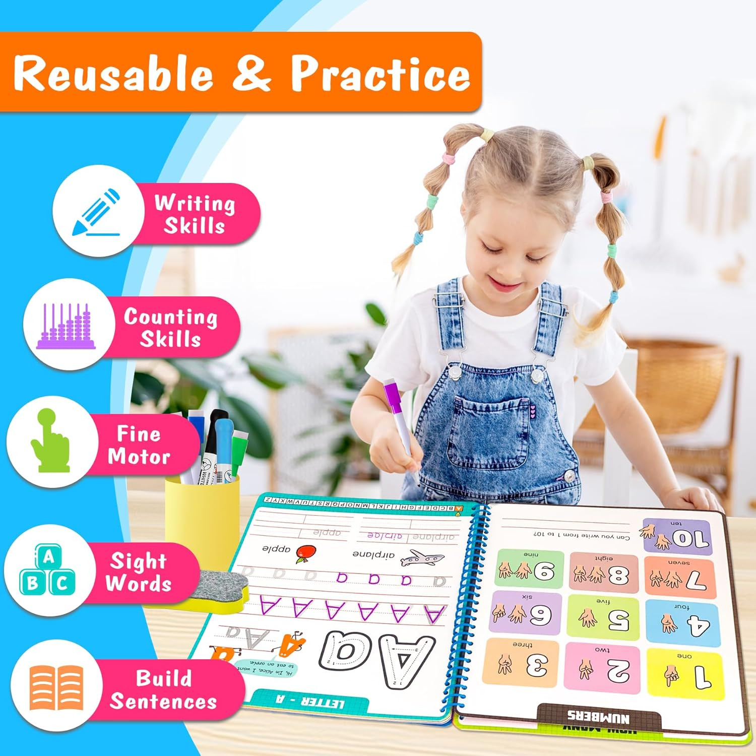 Preschool Learning Activities - Reusable Letter & Number Tracing Book for Kids 3