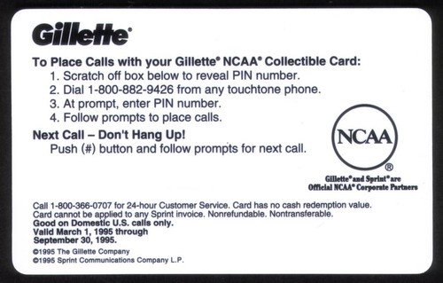 Tarjeta telefónica NCAA Gillette 1995 Surfer Drive (rojo en la parte superior) SD: cm 882 ESPECIMEN para hombre - Imagen 2 de 2