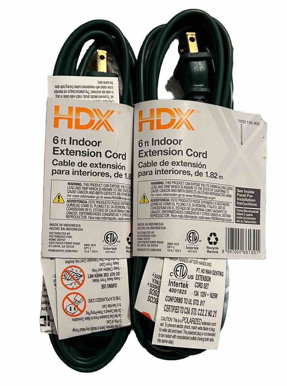 NEW!! 2 PACK!! 6 ft Extension Cord-Indoor HDX- Green-16 Gauge-Two Prong-3 Plug