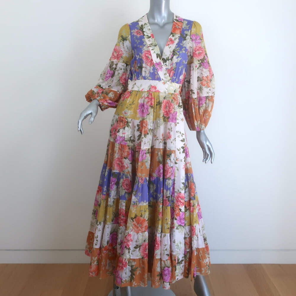 zimmermann pattie floral cotton midi dress Zimmermann Pattie Wrap Midi Dress Spliced Patchwork Print