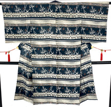 Japanese Vintage Kimono Polyester Gray Komon No Lining Traditional Length 50 in