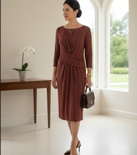 Talbots Dress Womens Small Red Multicolor Ruched Waist 3/4 Sleeve Knit Boat Neck