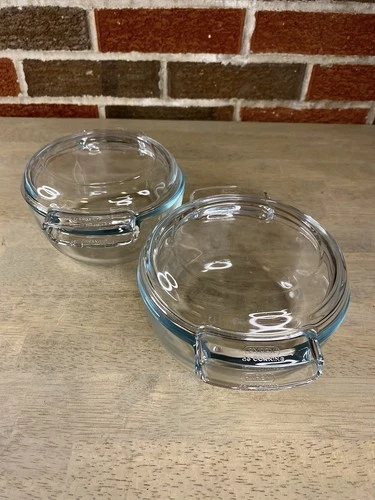 Vtg 2 PYREX de Corning France 451 Round Handle Casserole 2 Cup Baking Dish & Lid