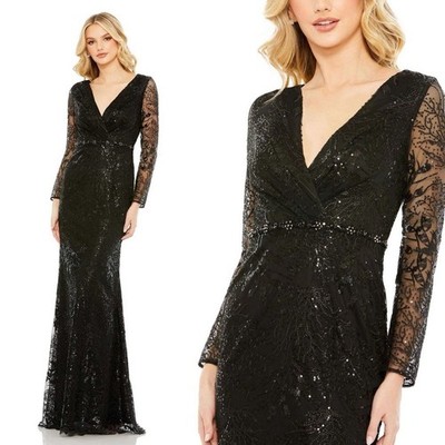 Mac Duggal 68016 Black Embellished Wrap Over Long Sleeve Gown Size 8 NWT