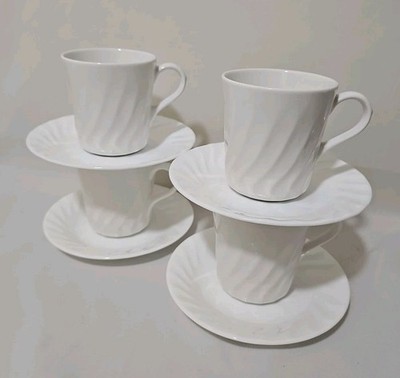 4 sets(8 pieces) Corning Corelle Enhancements White Swirl Cups Mugs & Saucers