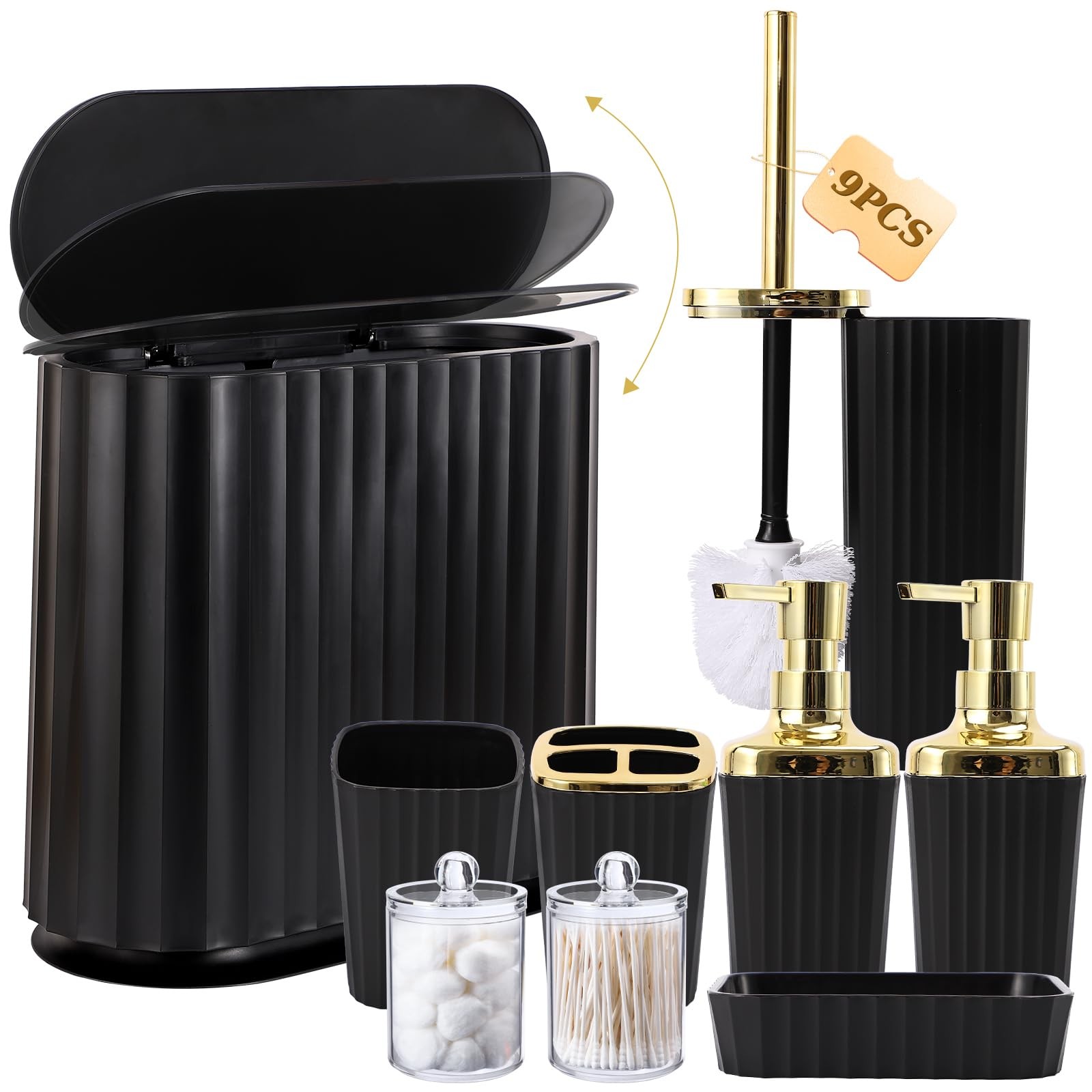 Black 9PCS Bathroom Accessories Set with Slim Narrow Trash Can