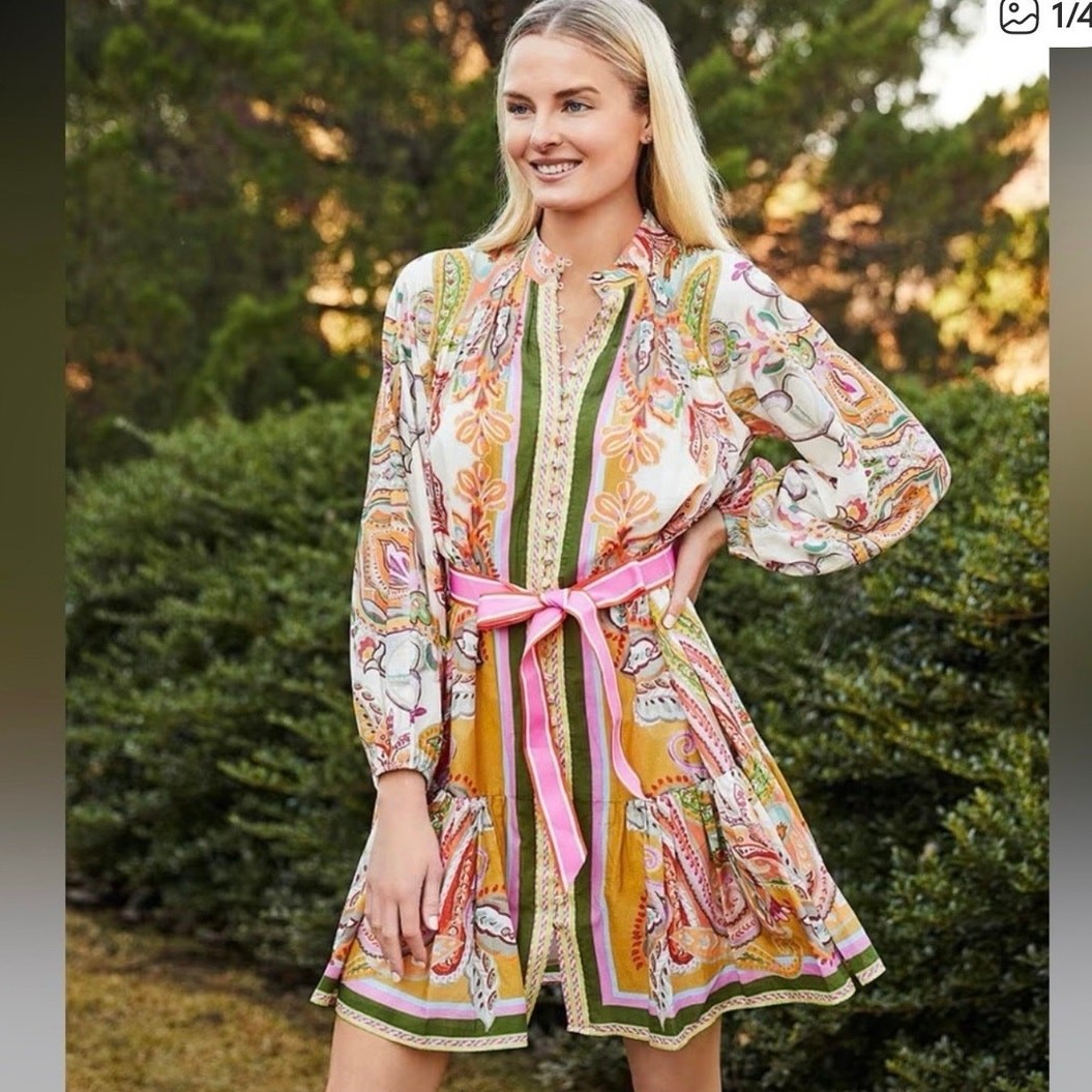 Antonio Melani Brynn Pink Scarf Floral Border Button Front Dress Size 8 NWT  | eBay