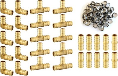 (Pack of 100 1/2'' Pex Brass Fittings 70 Pieces Pex Stainless Steel Clamps Tee