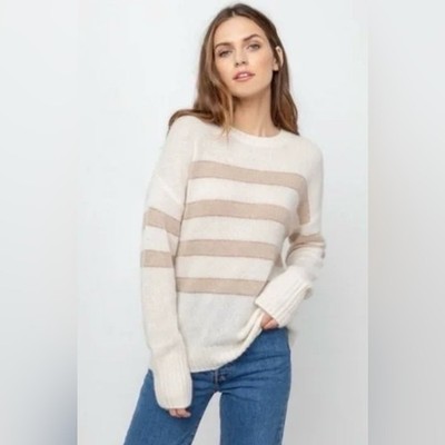 Rails Cashmere Silk Saturn Ivory Jute Stripe Sweater Cream Tan Sz S Crewneck