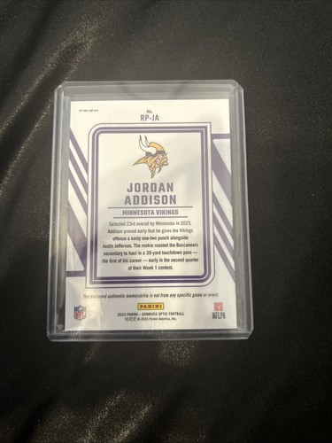 JORDAN ADDISON 2023 DONRUSS OPTIC ROOKIE PHENOM PATCH BLUE HYPER ๐ฅ ๐ฅ๐ฅ - Picture 2 of 2