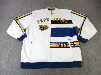 Pepe Jeans Jacket Mens 2XL White Blue Full Zip Track Striped Spellout Logo Y2K